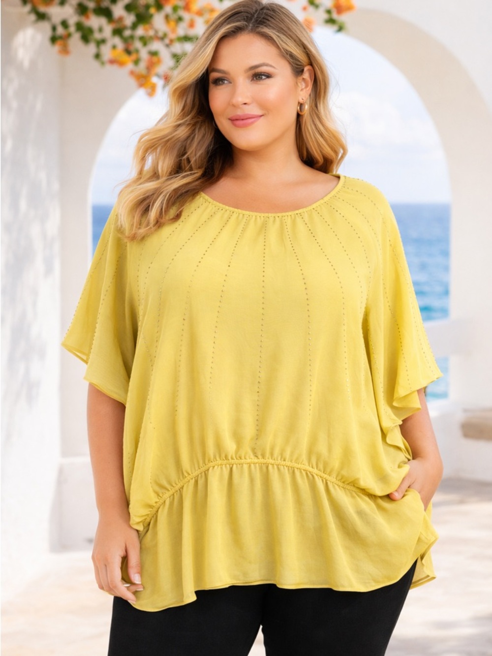 Lane Bryant Yellow Flowing Peasant Blouse